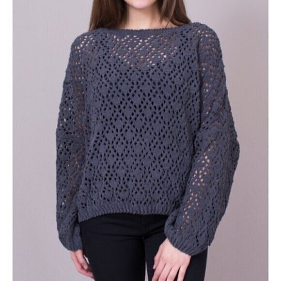 COLDWATER CREEK Gray Open Weave Knit Chenille Crew Neck Sweater PETITE Small PS - Picture 1 of 13